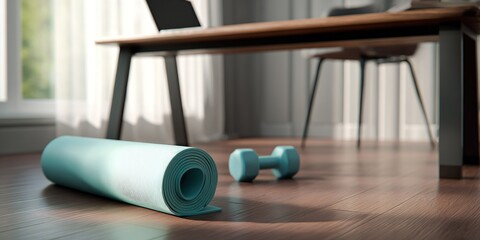 Home workout space with a yoga mat and dumbbell ready for exercise in a bright room