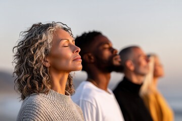 A diverse group of individuals practicing meditation on the beach during sunset, promoting relaxation and mindfulness in a serene setting.