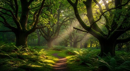 Obraz premium Sunlight streams through lush green forest canopy