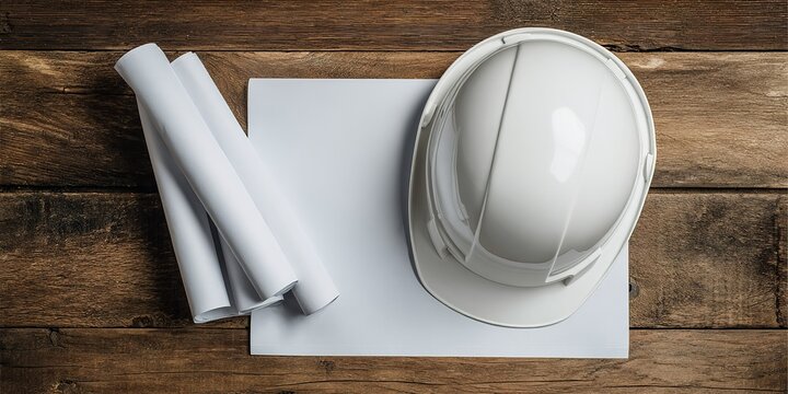 Construction hard hat and blueprints on a wooden table ready for a building project