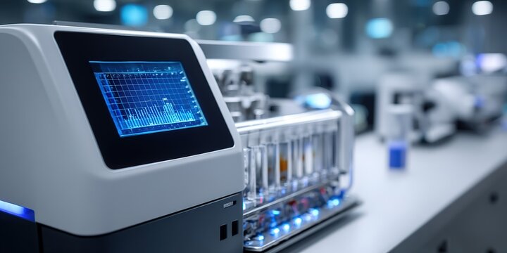 Advanced laboratory equipment displays data while performing automated tests in a modern high-tech facility - Powered by Adobe
