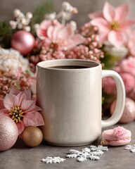 Fototapeta premium A cozy winter or Christmas mockup featuring a plain white mug surrounded by pink poinsettia flowers, snow, and sparkling ornaments. Ideal for product presentation and seasonal themes.