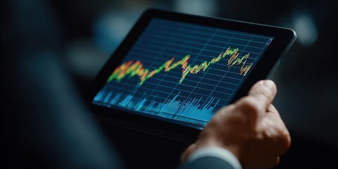 Analyzing stock market trends using a tablet at a financial office in the evening
