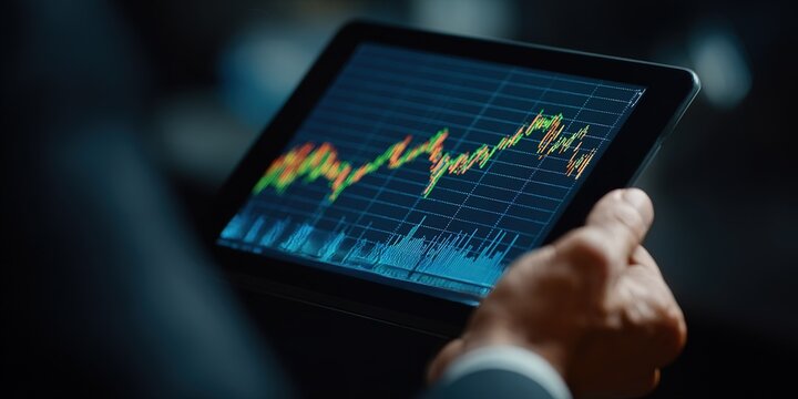 Analyzing stock market trends using a tablet at a financial office in the evening - Powered by Adobe