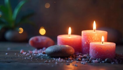 Relaxing mineral salt candles burning, creating a serene atmosphere with warm, ambient light and calming scents Perfect for spa, wellness, or home decor imagery , home decor, light