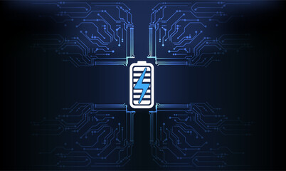 Circuit design featuring a battery icon in a dark blue background with electric patterns highlighting technology and connectivity.