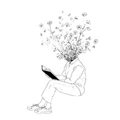 Man reading a book with flowers growing out of his head