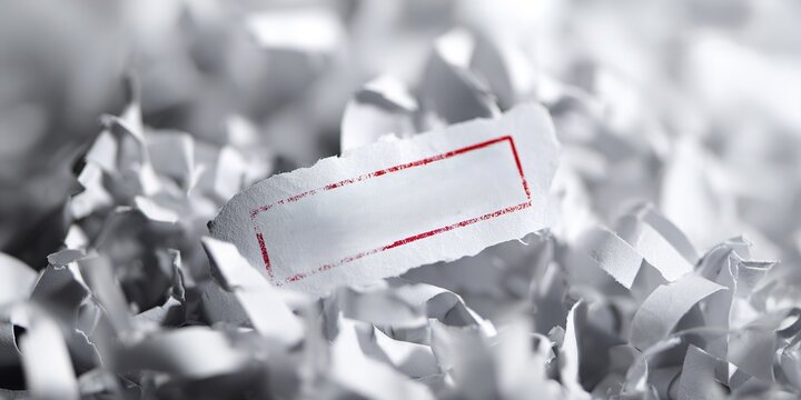 Shredded paper with a blank label in a chaotic mess of white shreds at an office setting
