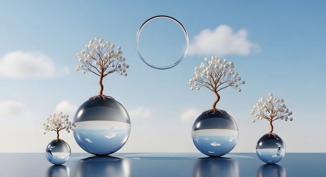 Surreal Bonsai Trees in Reflective Glass Spheres on a Calm Surface