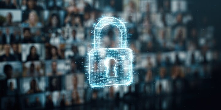 Digital security concept with virtual lock symbol over a collage of user profiles in a modern data environment