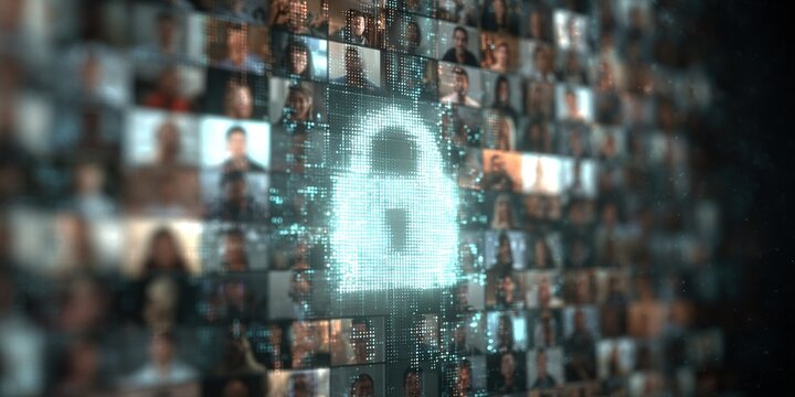 Security and privacy in the digital age with faces representing online identities