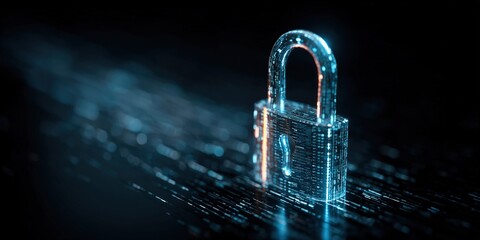 Digital padlock symbolizes cybersecurity and data protection in a virtual landscape filled with glowing particles