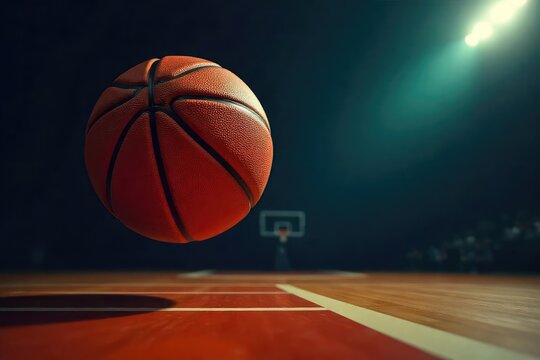 Close-up of a basketball soaring through the air, a blur of orange against a dark court background, capturing the intensity and excitement of the game , court, indoor