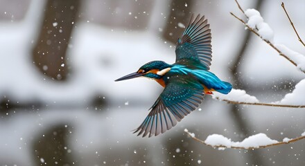A stunning blue kingfisher captured mid-flight with vibrant turquoise plumage and elegant wings spread wide, navigating gracefully through falling snowflakes in a serene winter setting, showcasing rem
