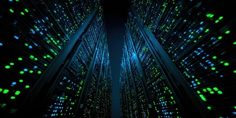 Rows of glowing servers in a data center showcasing vibrant colorful lights at night