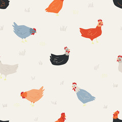 Seamless pattern with free-range chickens. Organic farm concept. Print for textile, wallpaper, covers, surface. Retro stylization. For fashion fabric.