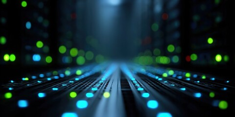 Colorful lights illuminate a modern data center with rows of servers and technology in action