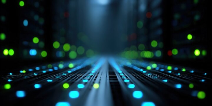 Colorful lights illuminate a modern data center with rows of servers and technology in action