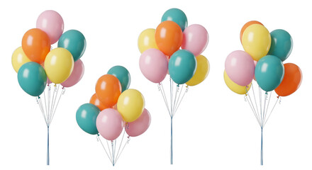 Colorful helium balloons for party decoration and celebration on transparent background