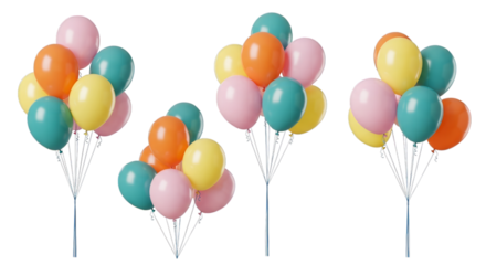 Colorful helium balloons for party decoration and celebration on transparent background
