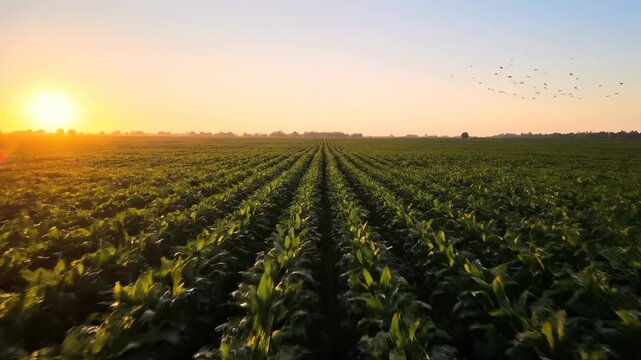 Sun rises over corn field. Green crop row stretches toward horizon. Farm and agriculture landscape shows healthy corn. Rural sunrise evokes calm and steady growth. Morning sun gently warms corn row.
