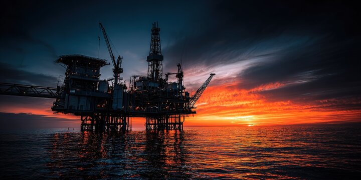 Sunset over an offshore oil rig with dramatic sky and calm waters in a tranquil evening setting - Powered by Adobe