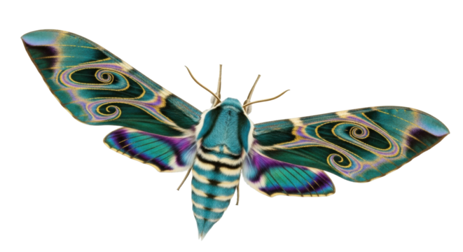 Isolated Turquoise Moth With Elaborate Wing Markings, Close-Up View, Insect on Light Backdrop