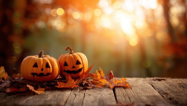 Halloween pumpkins and autumn leaves on a wooden table in a forest, with a blurred background of orange sunlight.