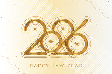 Elegant Happy New Year 2026 greeting card with shiny golden numbers on white background. Luxury festive design with stars and light effects for Christmas and winter holiday.