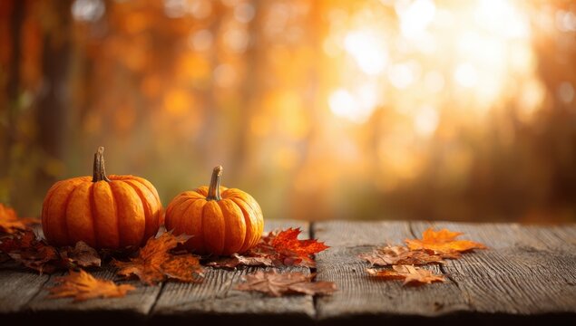 halloween pumpkins and autumn leaves on a wooden table in a forest, with a blurred background of orange sunlight. - Powered by Adobe