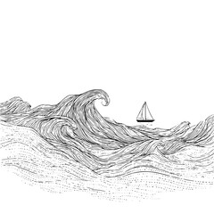 Hand drawn ocean waves with a sailboat