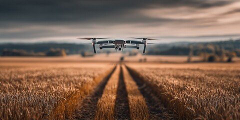 Drone flying over golden wheat field at sunset highlighting agricultural technology in rural farming practices
