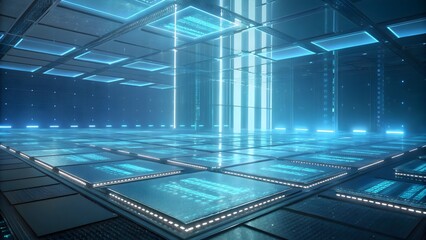 High-tech futuristic digital room interior with glowing panels. Concept of artificial intelligence, innovation, and data storage architecture.