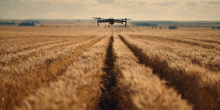 Drone monitoring wheat fields during sunset over a vast landscape