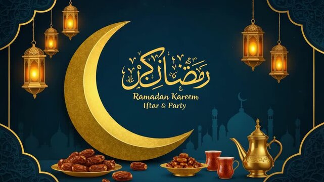 Ramadan kareem iftar party invitation with crescent moon, lanterns, dates, and tea set