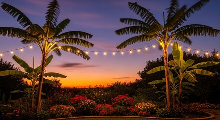 Tropical paradise evening scene with illuminated palm trees and string lights against a vibrant sunset sky and lush garden