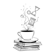 Coffee cup with books and hourglass