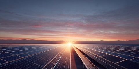 Sunrise over solar panels at renewable energy farm in a serene landscape