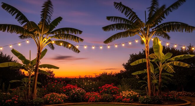 Tropical paradise evening scene with illuminated palm trees and string lights against a vibrant sunset sky and lush garden
