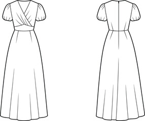 Elegant long dress fashion flat sketch, puff sleeve gown technical drawing, wrap front design, sewing pattern template for apparel design illustration
