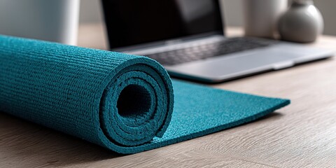 Yoga mat rolls up next to a laptop on a wooden table in a calm indoor space for relaxation or fitness