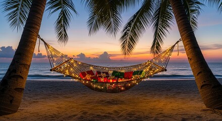 Idyllic tropical beach scene at sunset with a colorful hammock strung between two palm trees adorned with fairy lights