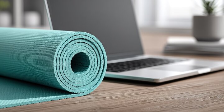 Yoga mat rolled up next to a laptop on a wooden desk in a bright workspace during daytime