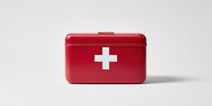 First aid kit in bright red color with a white cross displayed on a plain background