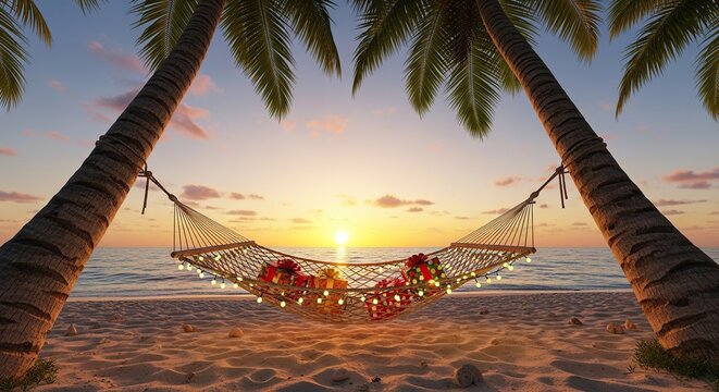 Romantic couple relaxing in a hammock on a tropical beach at sunset with palm trees and ocean view