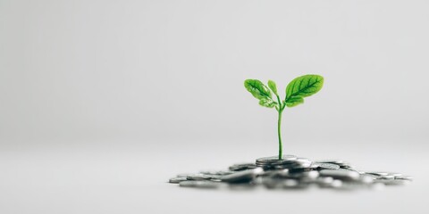 Seedling growing from a pile of coins represents financial growth and sustainability