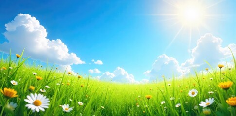 Fototapeta premium Vibrant sunny day scene featuring a clear blue sky, fluffy white clouds, and bright sunlight illuminating a lush green meadow with wildflowers , warmth, vibrant