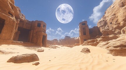 Ancient desert ruins under a full moon