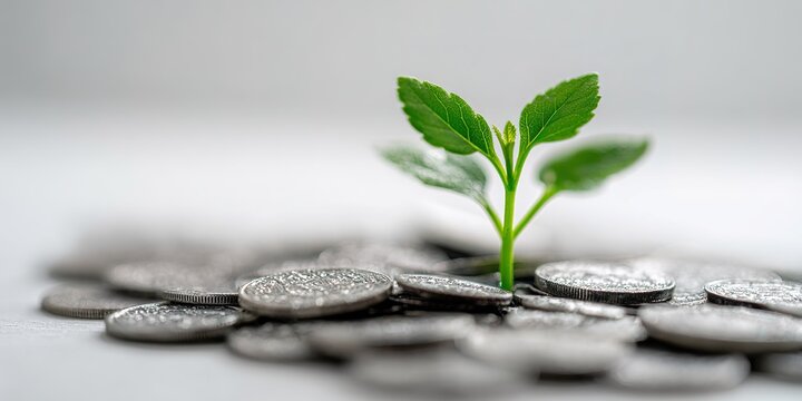 Growth of a green plant emerging from a pile of silver coins symbolizing prosperity and wealth in a minimalistic setting