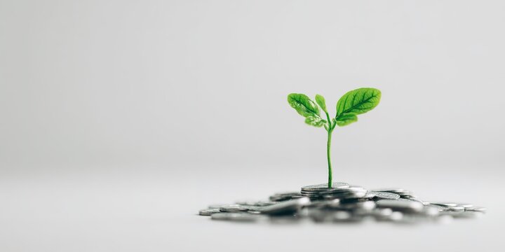 Seedling growing from a pile of coins represents financial growth and sustainability